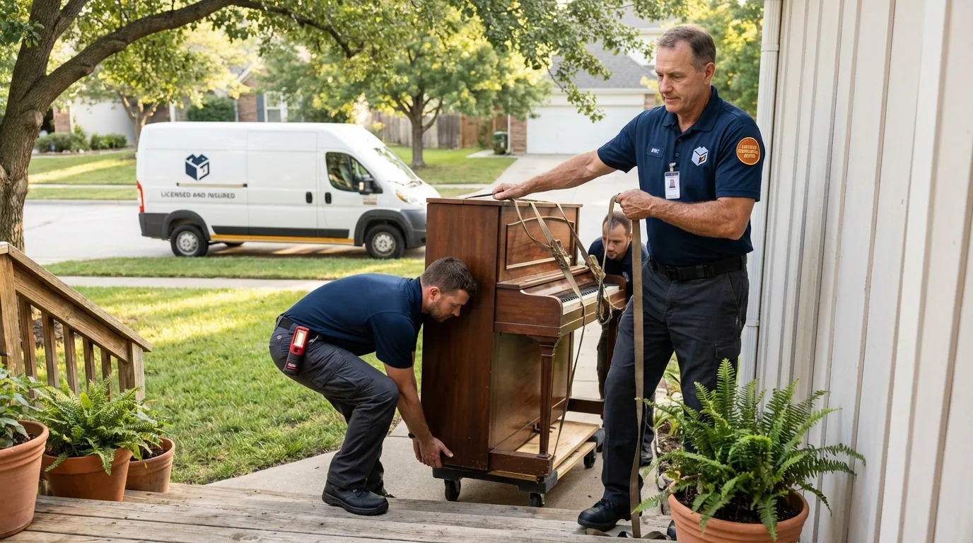 Licensed piano movers securing grand piano in Castle Rock, CO
