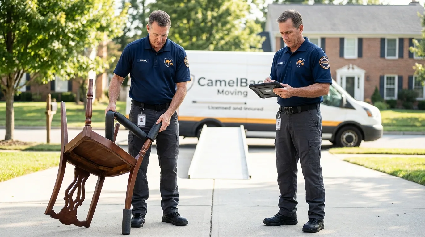 Movers inspecting furniture for damage prevention before loading in Castle Rock, CO