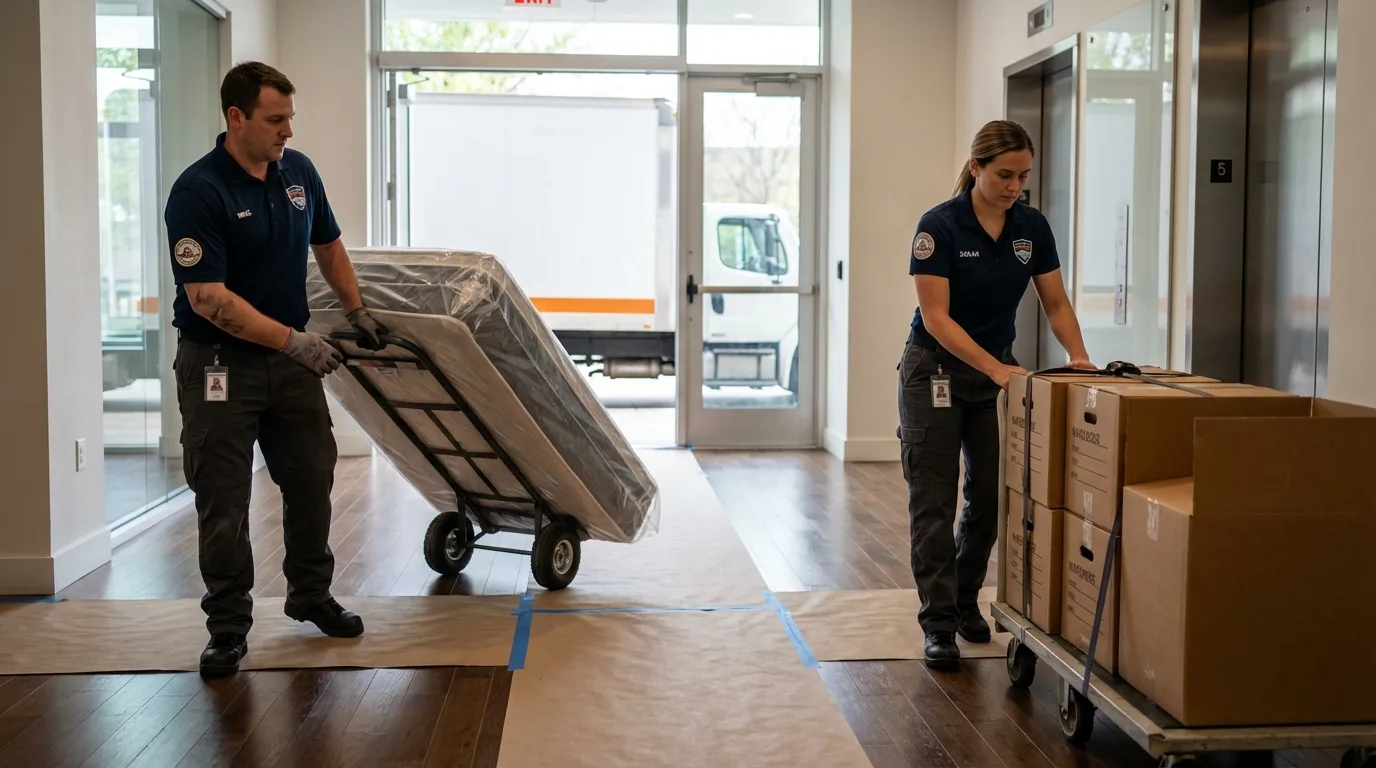 Professional apartment movers loading elevator in Castle Rock, CO