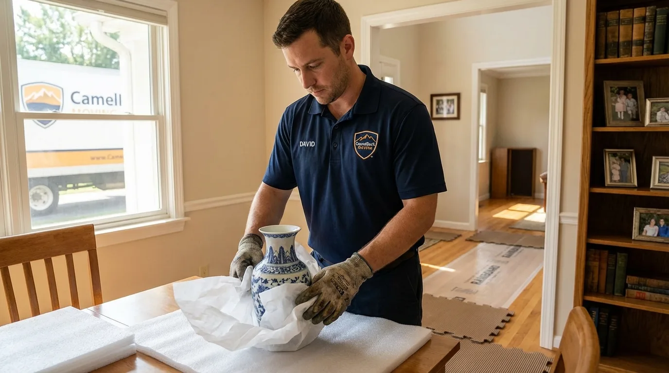 Professional crew carefully wrapping antique vase for senior downsizing move in Castle Rock, CO